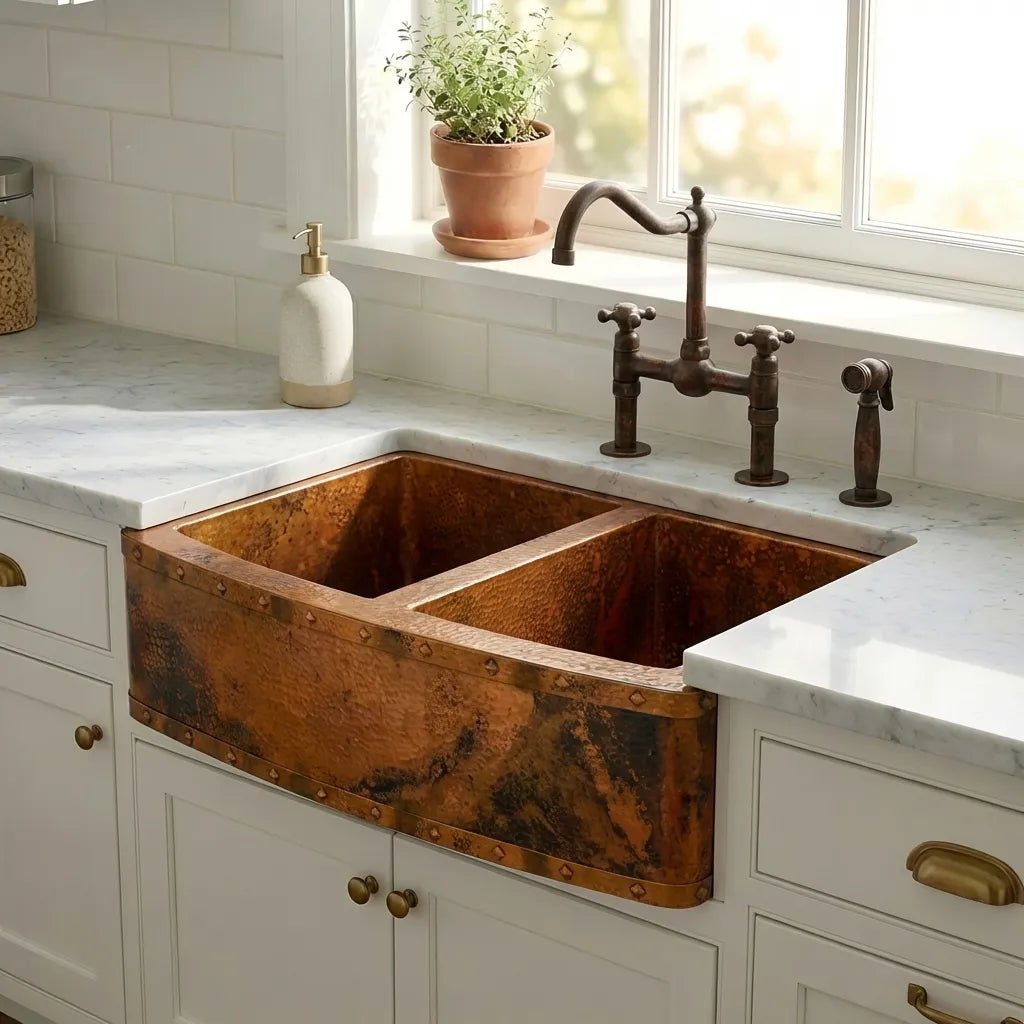 Rounded Copper Farmhouse Double Apron Kitchen Sink - Livra - Brasska