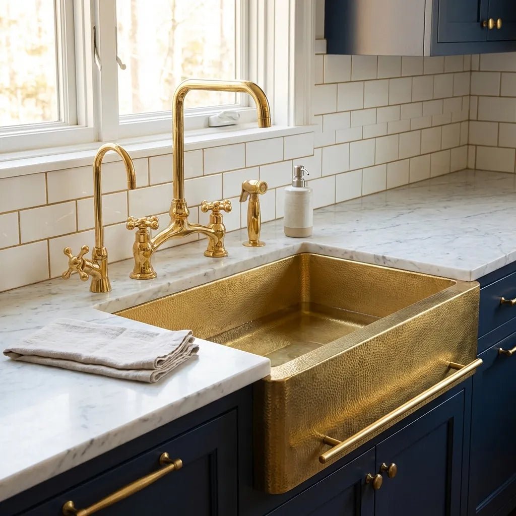 Single Bowl Hammered Front Apron Brass Kitchen Sink with Towel Bar-Bryn - Brasska