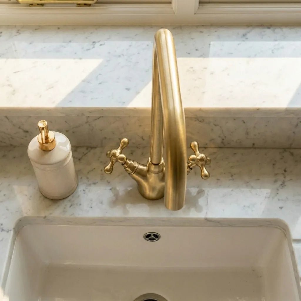 Solid Brass Gooseneck Bathroom Faucet Single Hole With Cross Handles - Brasska