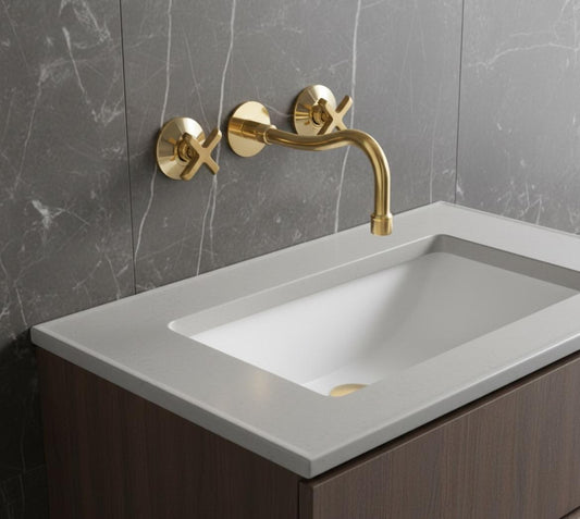 Unlacquered Brass Bathroom Faucet: 3-Hole Widespread Sink, Solid Brass - Brasska