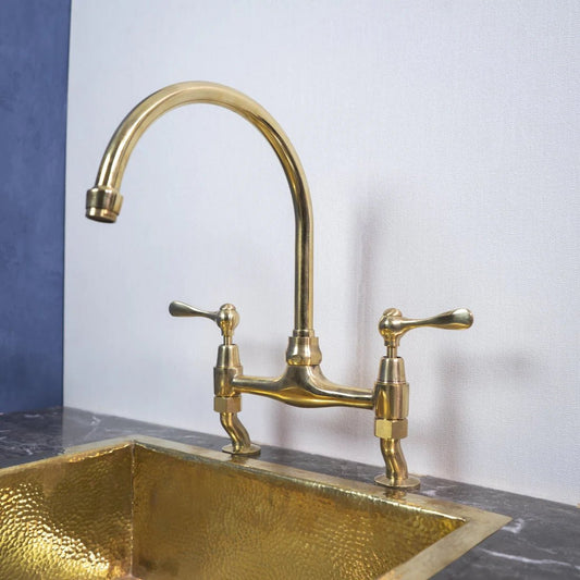 Unlacquered Brass Bridge Kitchen Faucet – Dual Handle Gooseneck Tap - Brasska