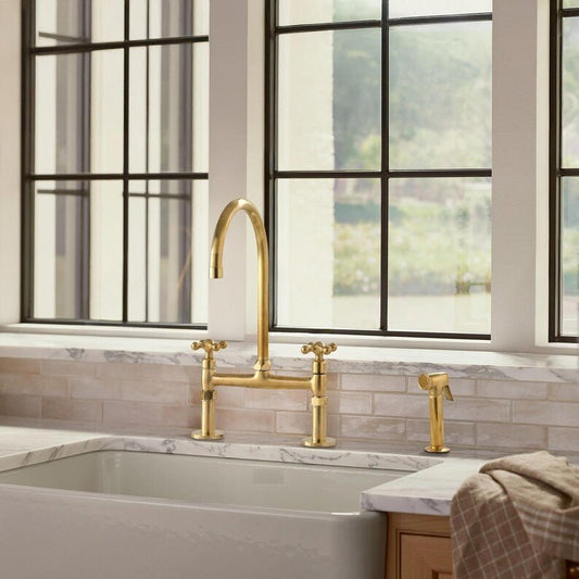 Unlacquered Brass Bridge Kitchen Faucet Set with Side Spray & Drinking Water Tap - Brasska