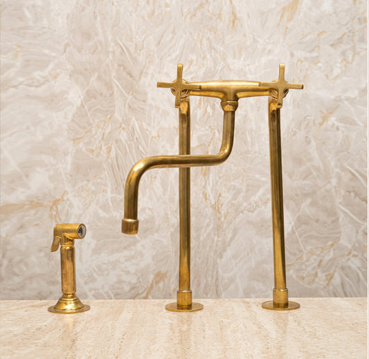 Unlacquered Brass Bridge Kitchen Faucet – Tall Farmhouse Sink Tap with Cross Handles & Sprayer - Brasska