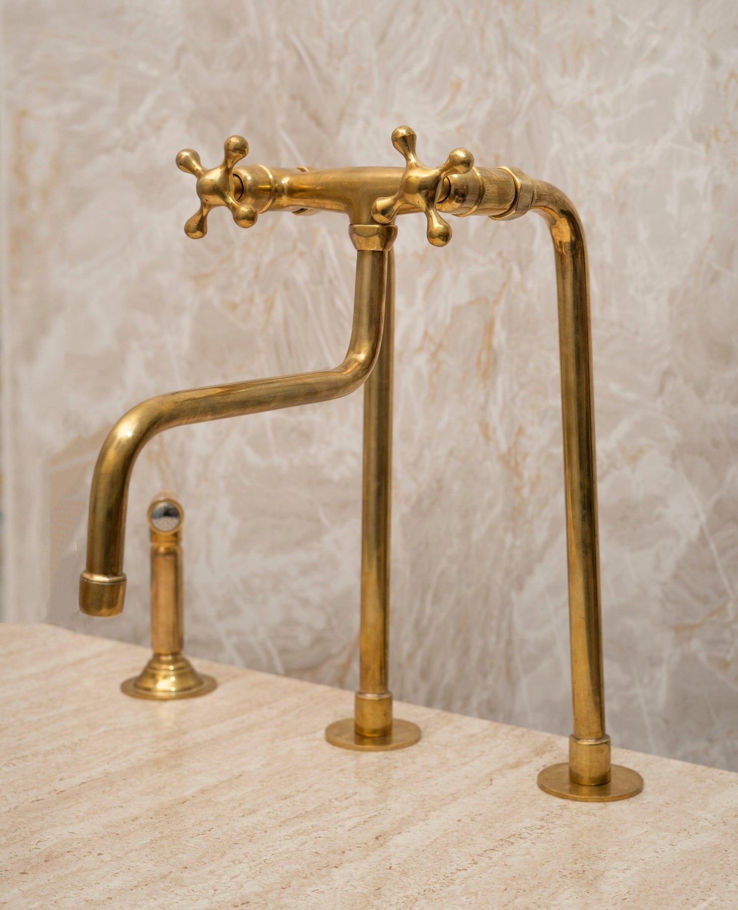 Unlacquered Brass Bridge Kitchen Faucet – Tall Farmhouse Sink Tap with Cross Handles & Sprayer - Brasska