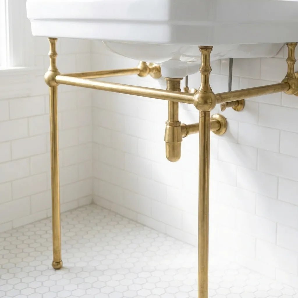 Unlacquered Brass Console Vanity Legs – Handmade Bathroom Sink Stand - Brasska