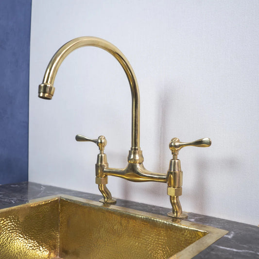 Unlacquered Brass Bridge Kitchen Faucet – Dual Handle Gooseneck Tap