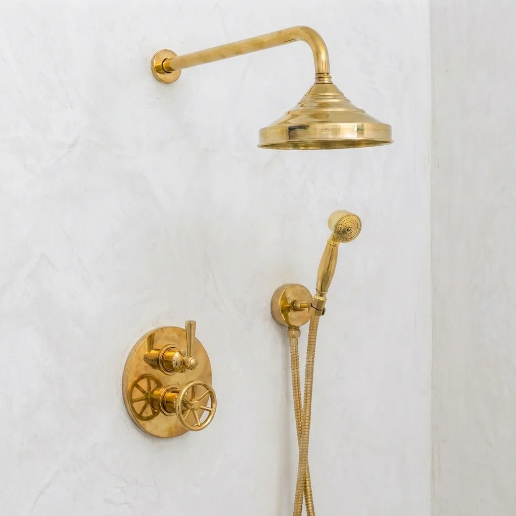 Unlacquered Brass Thermostatic Mixer Shower System –Rain Head with Handheld - Brasska