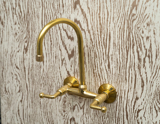 Unlacquered Brass Wall Mount Kitchen Faucet โ Gooseneck Spout & Lever Handles - Brasska