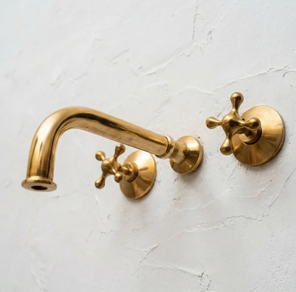 Unlacquered Brass Wall Mounted Bathroom Faucet with Cross Handles - Brasska