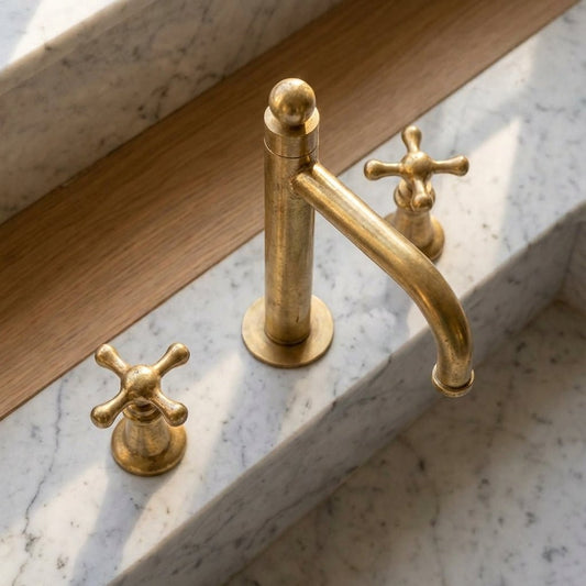 Unlacquered Brass Widespread Faucet โ Classic Cross-Handle Bathroom Tap - Brasska
