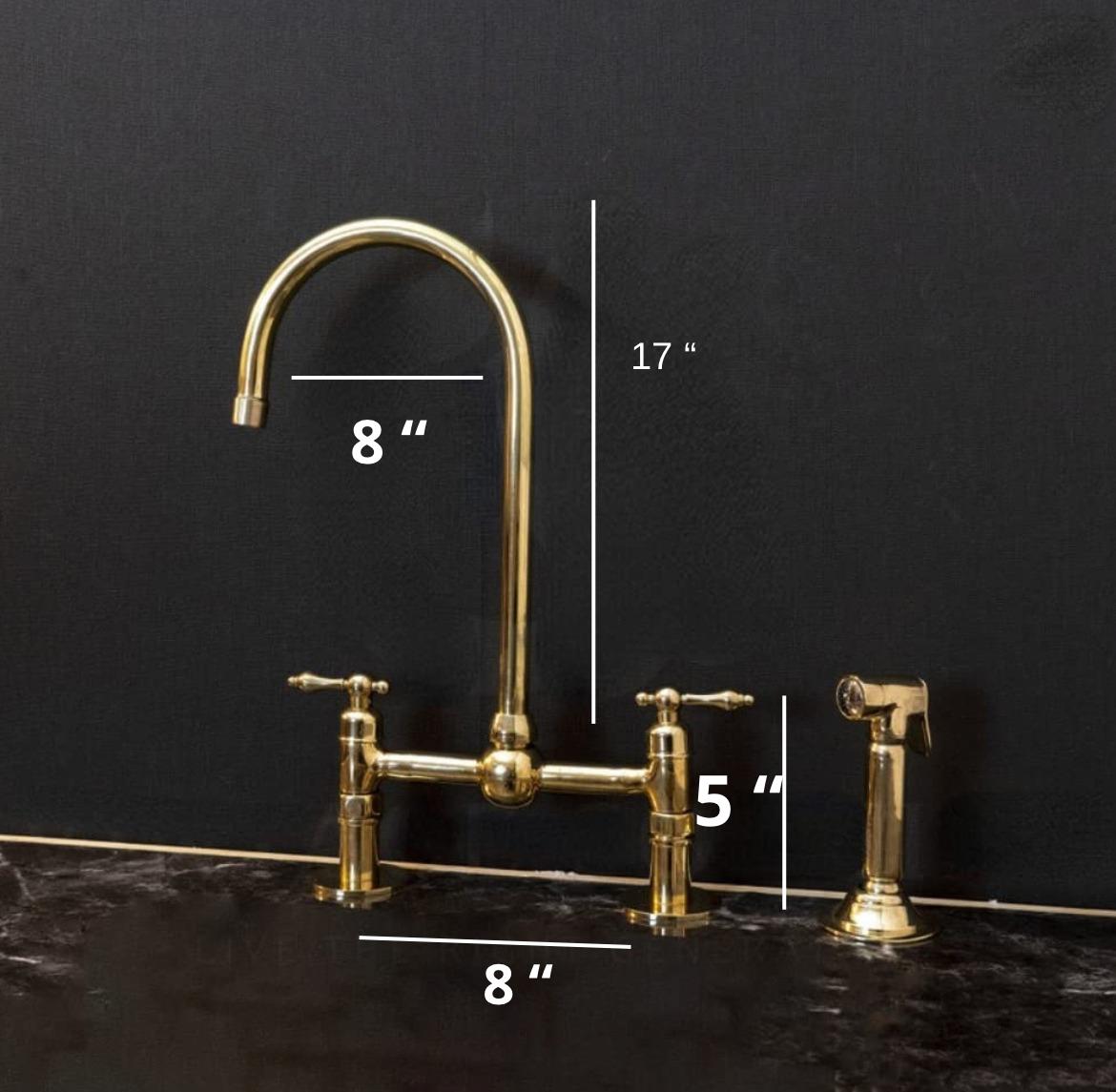 Victorian Bridge Kitchen Faucet with Side Sprayer in unlacquered brass, featuring a vintage design and durable metal construction.