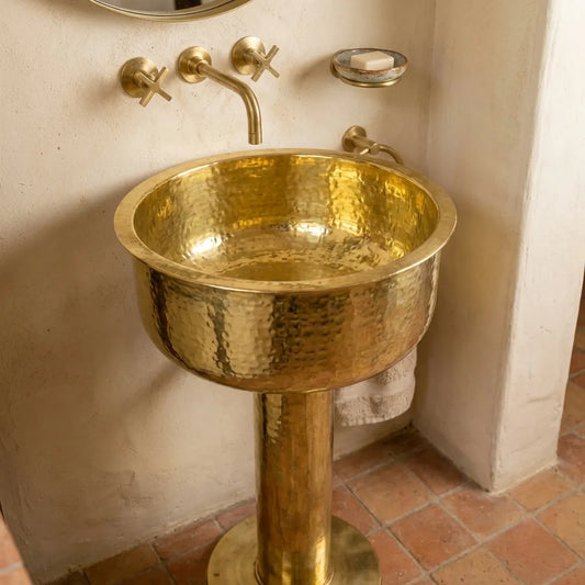Round Hammered Brass Pedestal Sink – Handmade Unlacquered Vintage Basin