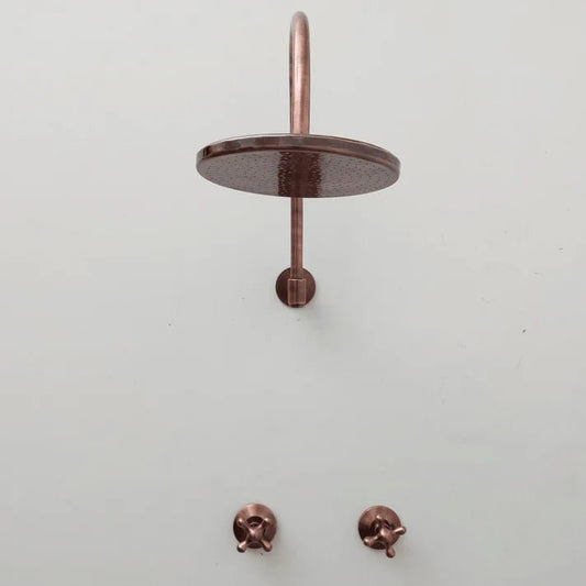 Wall Mounted Copper Shower System with Vintage Cross Handles – Handmade Brass Fixture - Brasska