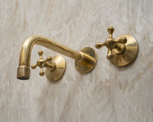 Handcrafted Three-Hole Unlacquered Brass Wall Mounted Vanity Faucet