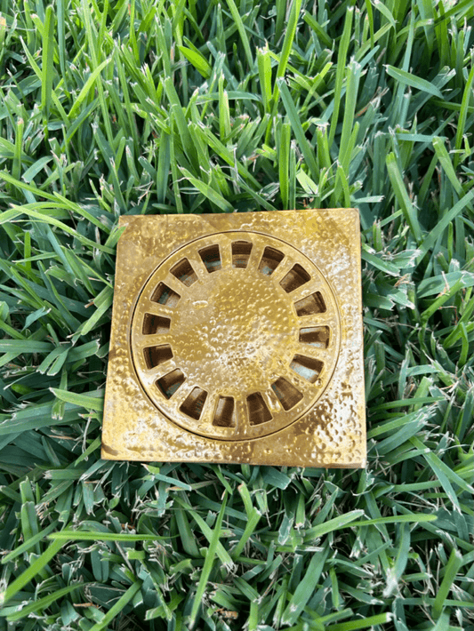 Unlacquered Hammered Brass Square Shower Drain with Removable Cover