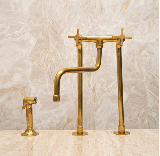 Unlacquered Brass Bridge Kitchen Faucet – Tall Farmhouse Sink Tap with Cross Handles & Sprayer