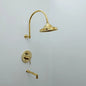 Brasska Unlacquered Brass Shower System with Tub Filler, Round Rain Shower Head, and Arcuate Arm