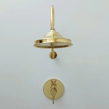 Brasska Unlacquered Brass Shower System with Tub Filler, Round Rain Shower Head, and Arcuate Arm
