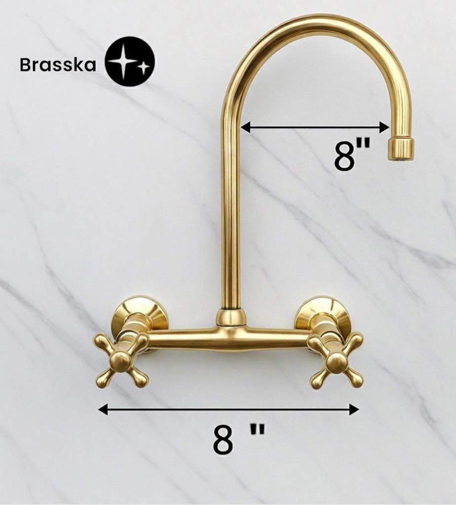 Vintage Brass Wall-Mount Kitchen Faucet – 8” Spread | Brasska