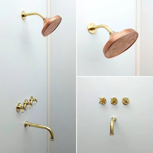 Brasska Unlacquered Brass Shower System – Wall Mounted with Tub Spout & Cross Handle