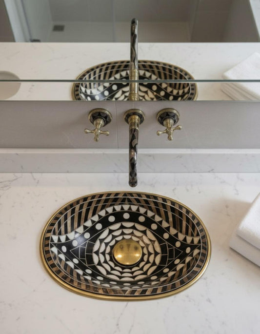 Luxury Handmade Brass Sink – Black & White Moroccan Design