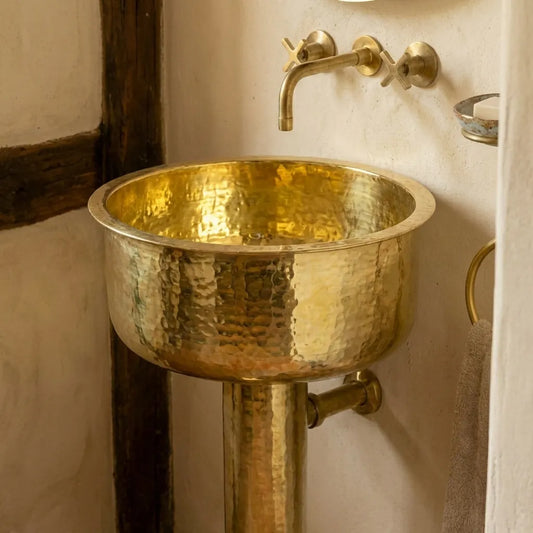 Round Hammered Brass Pedestal Sink – Handmade Unlacquered Vintage Basin
