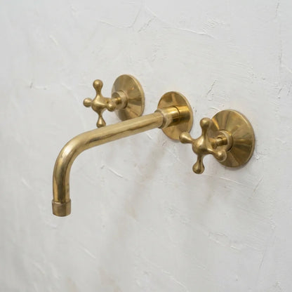 Handcrafted Three-Hole Unlacquered Brass Wall Mounted Vanity Faucet
