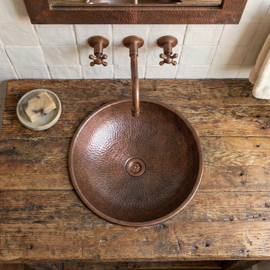 Aged Copper Vessel Sink – Hand Hammered Round Bathroom Vanity Basin