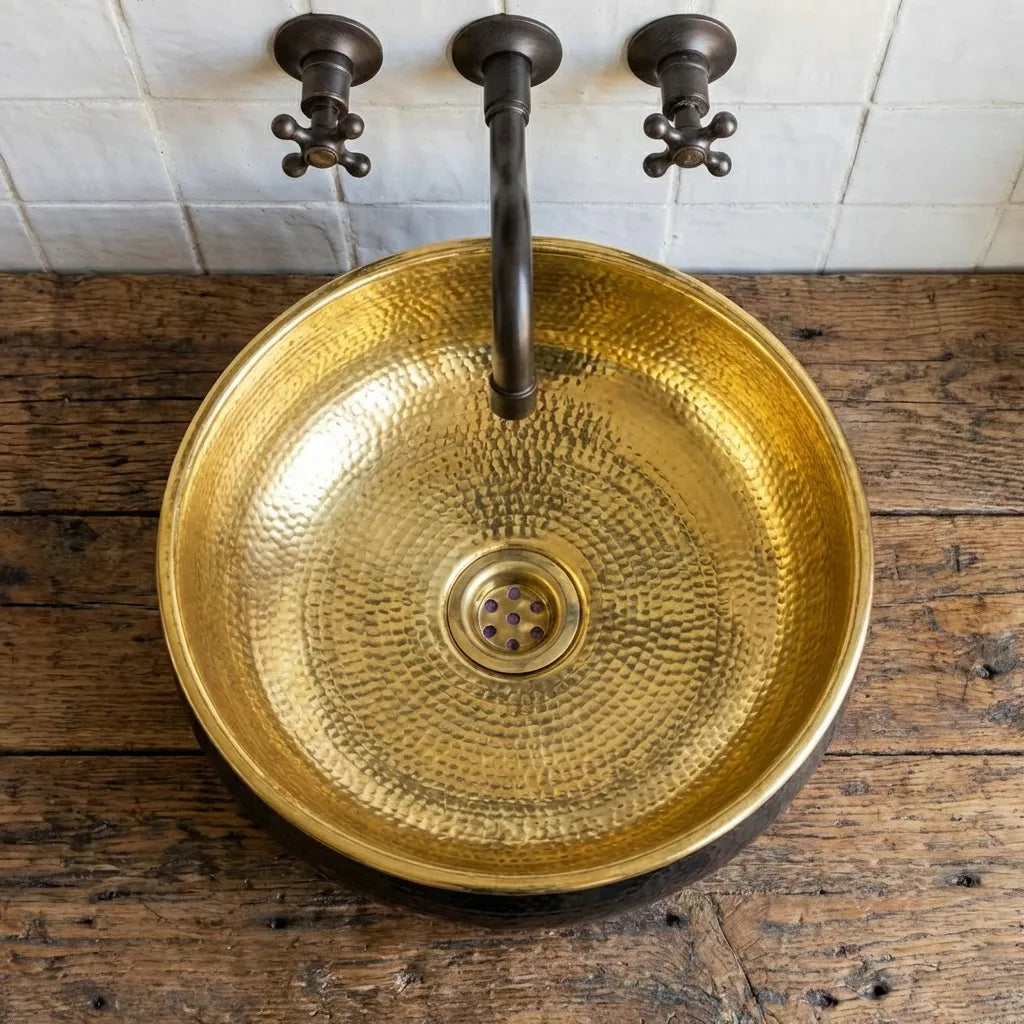 Hand-Hammered Blackened Brass Vessel Sink – Gold Interior Artisan Bathroom Basin