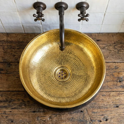 Hand-Hammered Blackened Brass Vessel Sink – Gold Interior Artisan Bathroom Basin