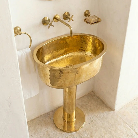 Handmade Hammered Unlacquered Brass Pedestal Sink – Wall-Mounted Vintage Bathroom Basin