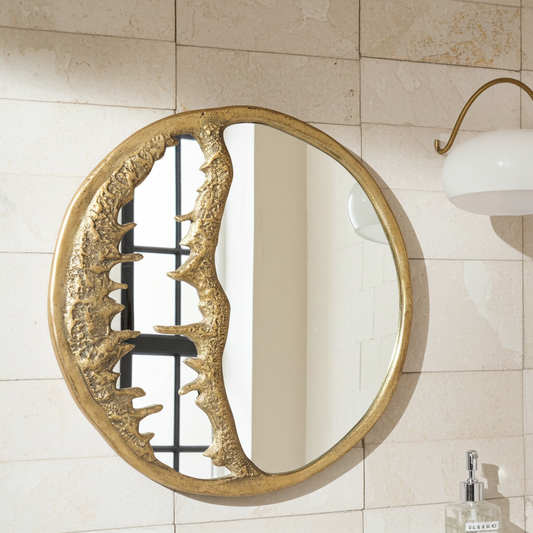 Sculptural Brass Wall Mirror – Handmade Textured Gold Round Statement Decor