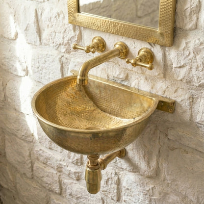 Unlacquered Brass Wall Mounted Sink – Handmade Hammered Brass Basin