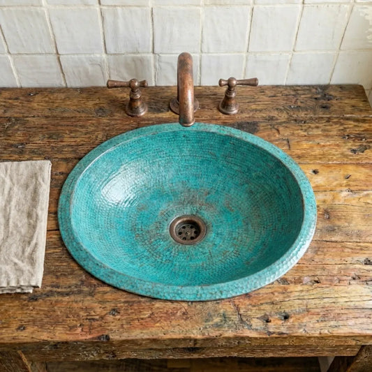 Turquoise Hammered Copper Sink – Oval Drop-In Bathroom Vanity Basin