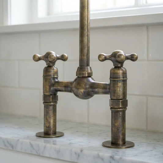 Handmade Antique Brass Gooseneck Bridge Kitchen Faucet