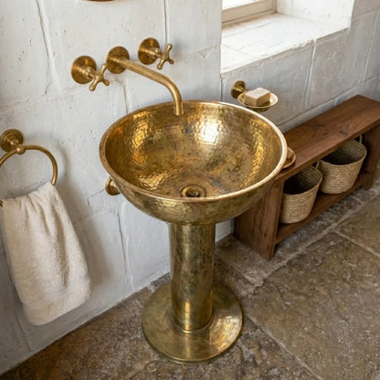 Handmade Hammered Unlacquered Brass Round Pedestal Sink