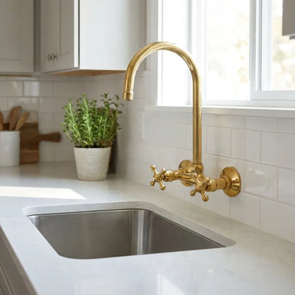 Unlacquered Brass Wall Mount Kitchen Faucet – Vintage Sink Tap with Cross Handles