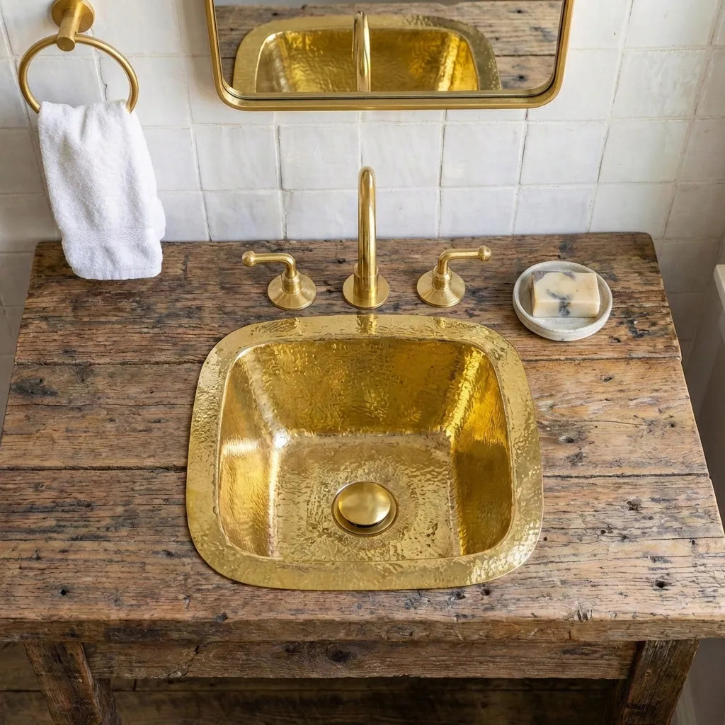 Square Hammered Brass Undermount Sink – Solid Unlacquered Brass Basin