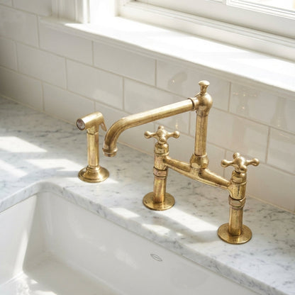 Old-World Unlacquered Brass Bridge Faucet With Traditional Design