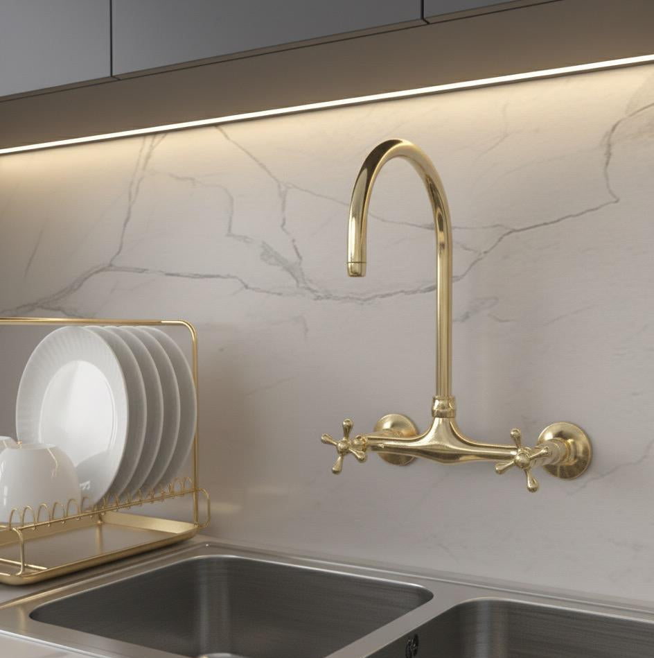 Vintage Brass Wall-Mount Kitchen Faucet – 8” Spread | Brasska