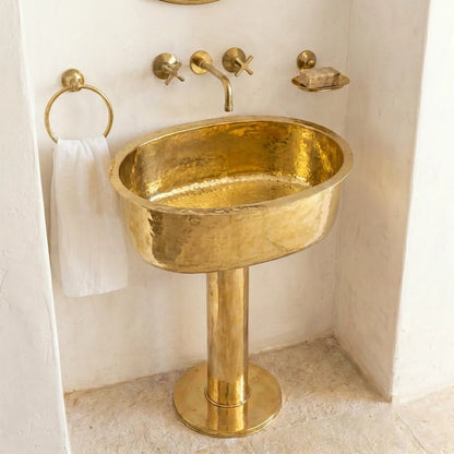 Handmade Hammered Unlacquered Brass Pedestal Sink – Wall-Mounted Vintage Bathroom Basin