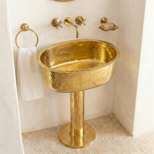 Handmade Hammered Unlacquered Brass Pedestal Sink – Wall-Mounted Vintage Bathroom Basin