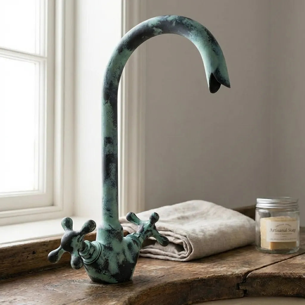 Oxidized Brass Gooseneck Bathroom Faucet with Luxurious Patina