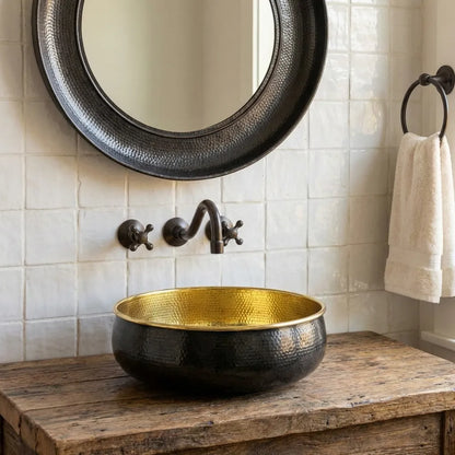 Hand-Hammered Blackened Brass Vessel Sink – Gold Interior Artisan Bathroom Basin