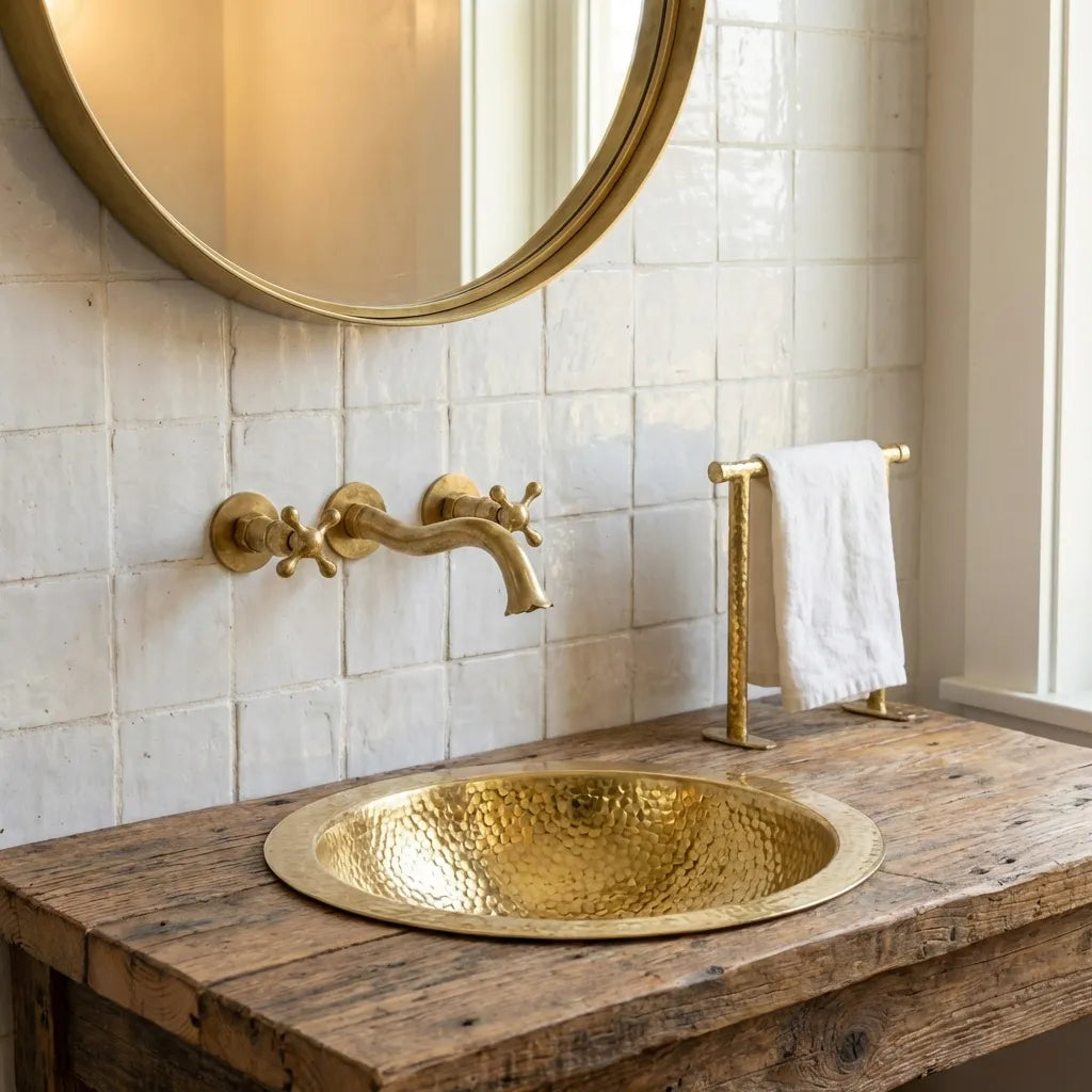 Handcrafted Hammered Unlacquered Brass Bar Sink Drop In
