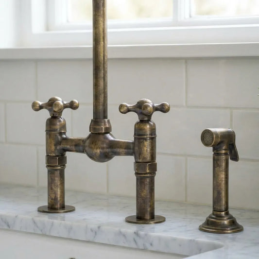 Handmade Antique Brass Gooseneck Bridge Kitchen Faucet