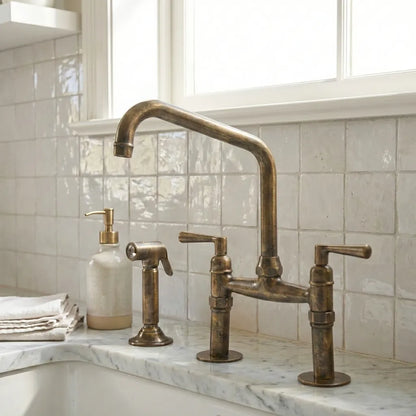 Handmade Antique Brass Bridge Kitchen Faucet