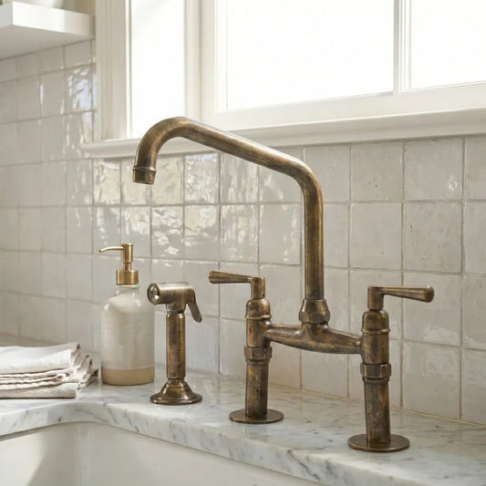 Handmade Antique Brass Bridge Kitchen Faucet
