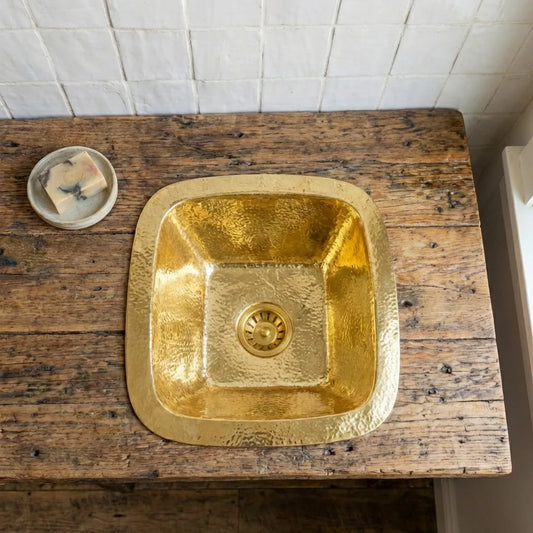 Square Hammered Brass Undermount Sink – Solid Unlacquered Brass Basin
