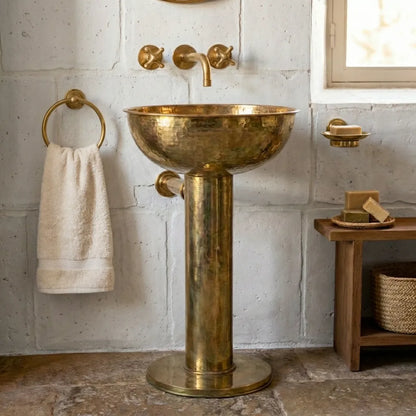 Handmade Hammered Unlacquered Brass Round Pedestal Sink